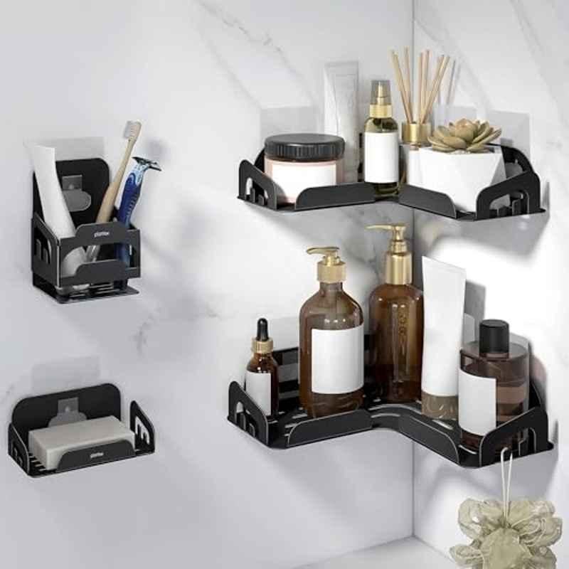 Plantex Black Stainless Steel Corner Shelf for Bathroom/4-in-1 Self Adhesive Bathroom Shelf with Soap Dish and Tumbler Holder/Bathroom Organiser Without Drill Set