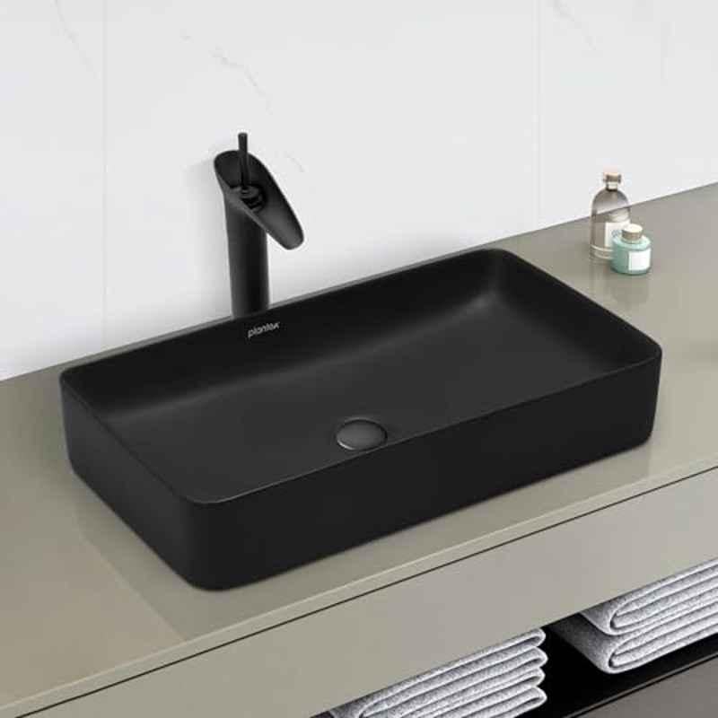 Plantex 24x14x4.5 inch Ceramic Matt Black Rectangular Wash Basin for Bathroom