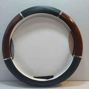 Modified Autos Small Size Black with Tan Car Steering Wheel Cover Wooden Finish for All Small Cars Universal