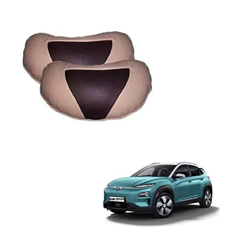 Kozdiko 2 Pcs Beige & Brown Car Neck Rest Cushion Pillow Set for Hyundai Kona Electric