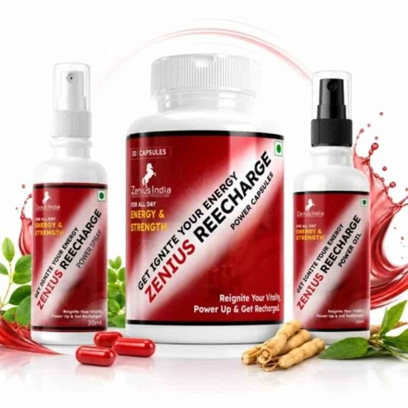 Zenius India Recharge 30 Pcs Capsule, 30ml Spray & 30ml Oil Kit with Ajwain, Ajmod, Malkagni & Til Tal for Stamina, Supports Sperm Health & Reproductive Wellness