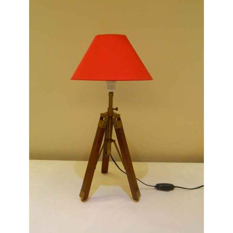 Tucasa Mango Wood Brown Tripod Table Lamp with Polycotton Red Shade, P-64
