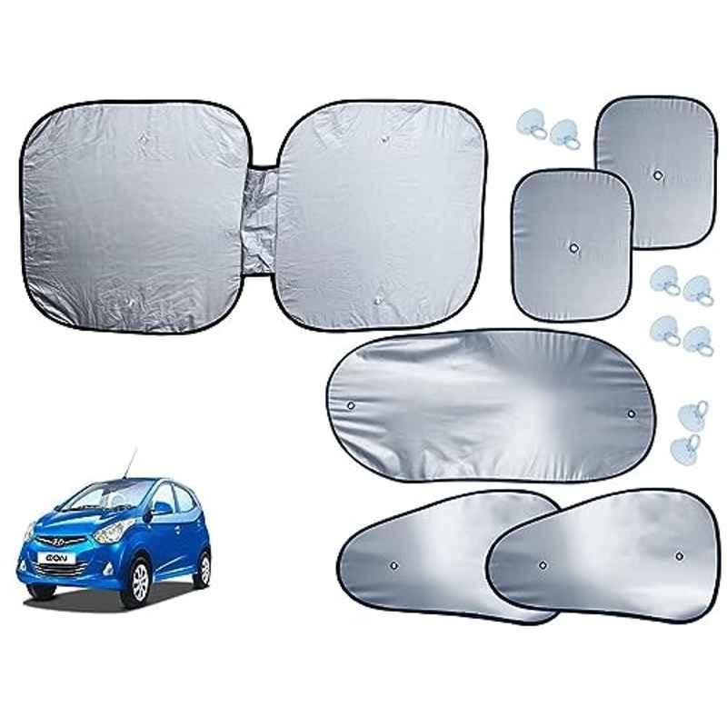 Auto Pearl 6 Pcs Polyester Black & Silver Window, Front & Rear Sun Shade Set for Hyundai Eon D Lite