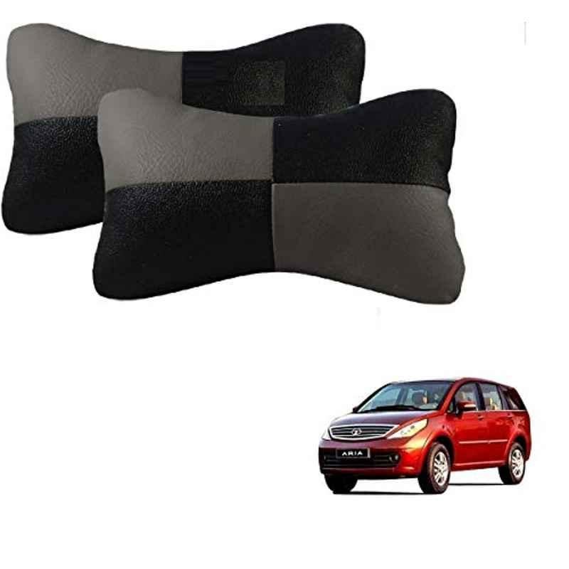 Kozdiko 2 Pcs Leather Grey & Black Neck Rest Car Cushion Pillow Set for Tata Aria