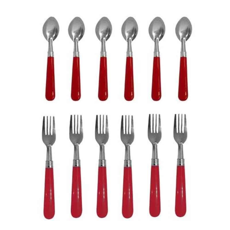 A-One 12 Pcs Red Plastic & Steel Dinning Table Spoon & Fork Set