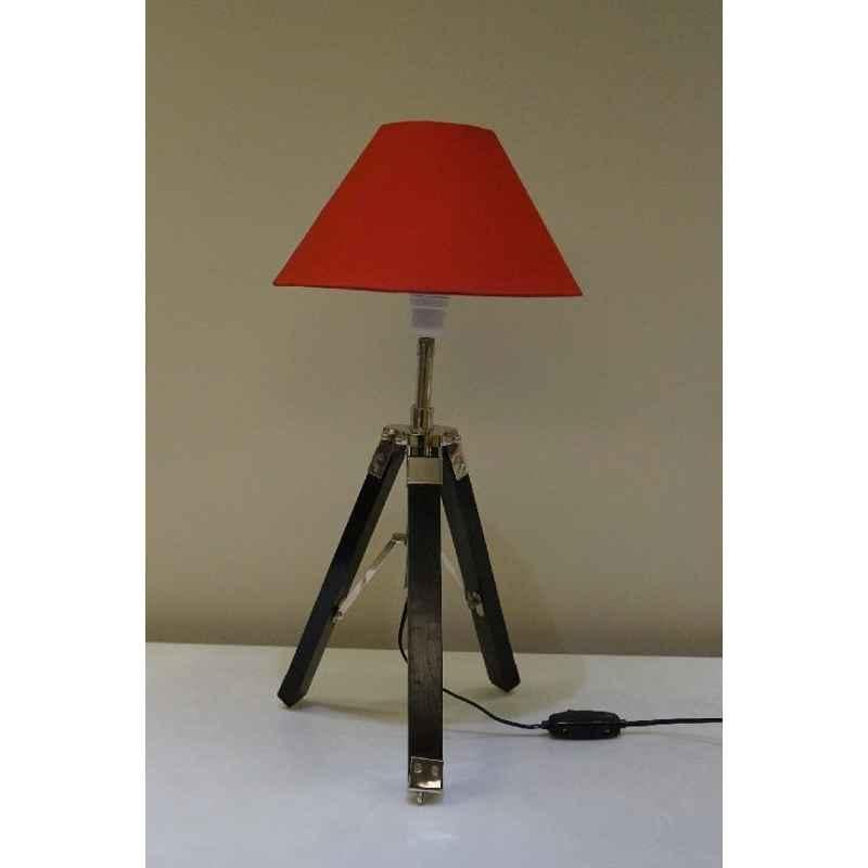 Tucasa Mango Wood Black Tripod Table Lamp with Polycotton Red Shade, P-43