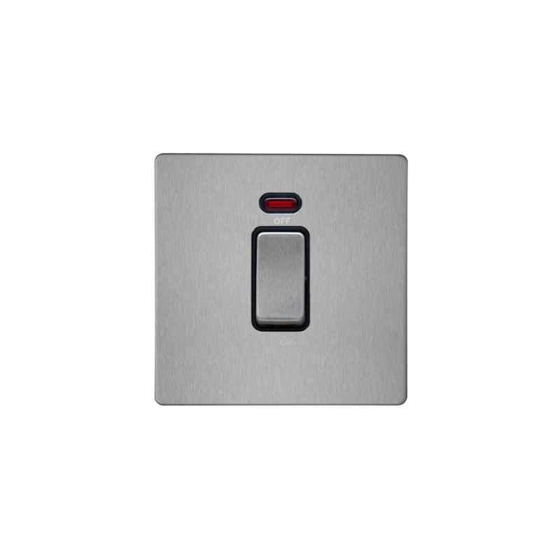 RR Vivan Metallic 20A Brushed Stainless Steel Marked Water Heater DP Switch with Neon & Black Insert, VN6625M-WH-B-BSS