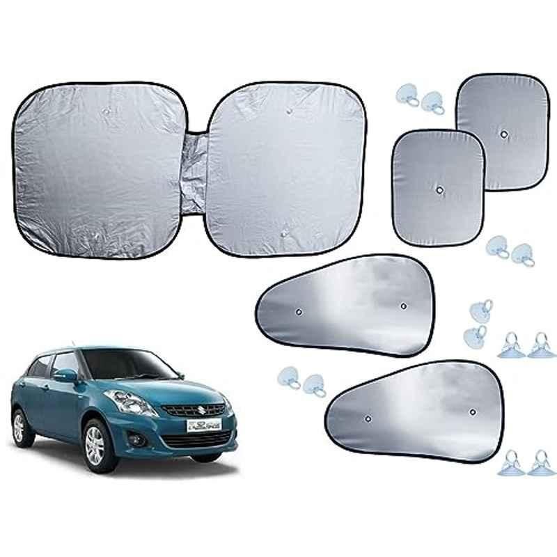 Auto Pearl 5 Pcs Polyester Black & Silver Window & Front Sun Shade Set for Maruti Suzuki Swift Dzire T2 2012-2015