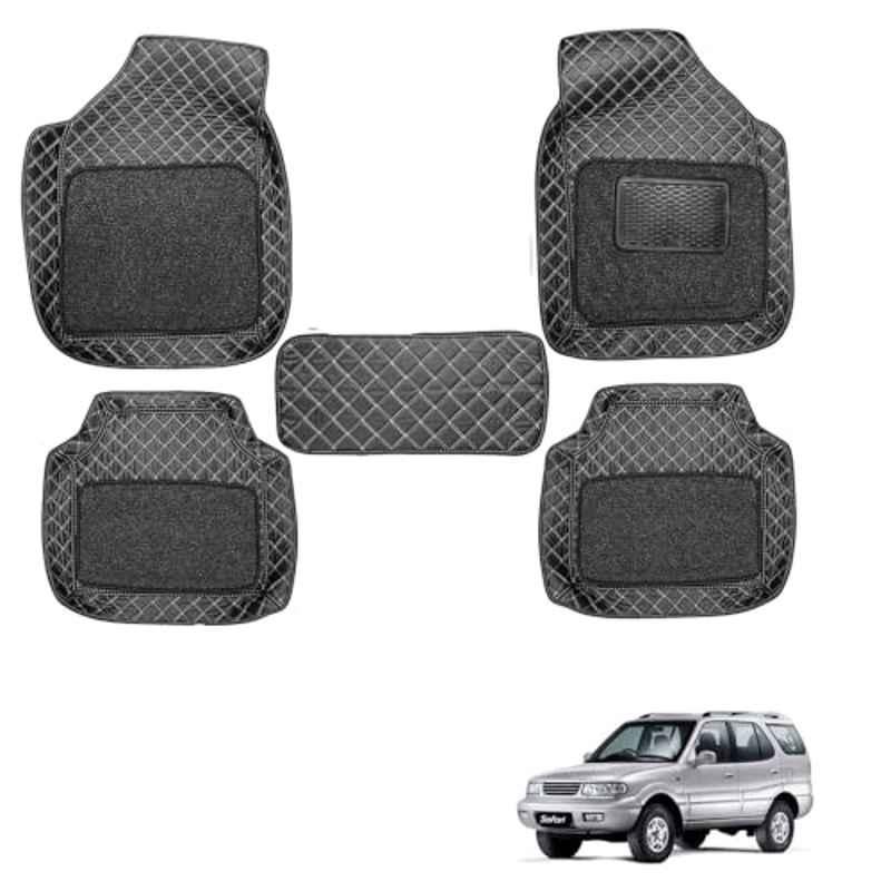 Kozdiko 5 Pcs Waterproof & Luxury 7D Black Leatherette Car Floor Mat Set for Tata Safari Dicor