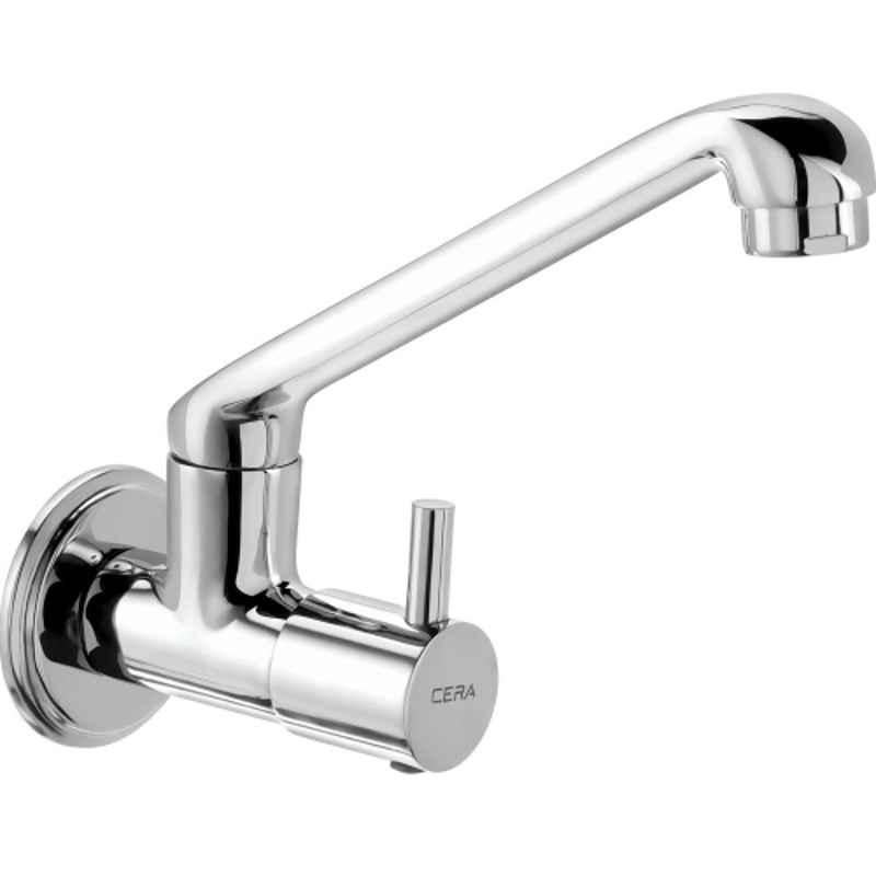 Cera Garnet F2002261 Brass Chrome Finish Quarter Turn Fittings Sink Cock with 150mm Long Swivel Spout & Wall Flange