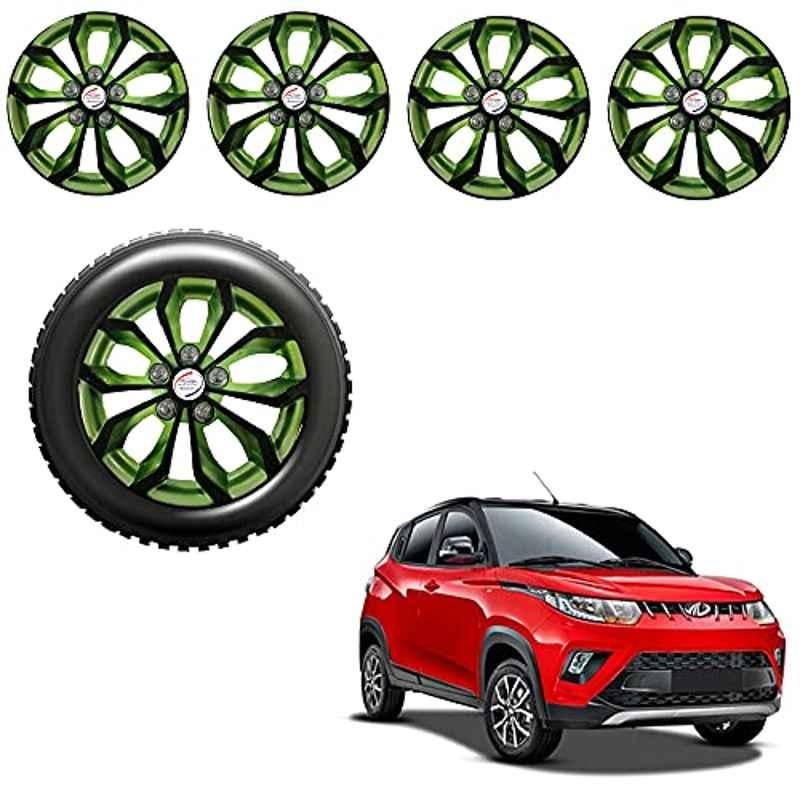 Auto Pearl 4 Pcs 14 inch Black & Green ABS Press Type Hubcap Wheel Cover Set with Retention Ring for Mahindra KUV100nxt