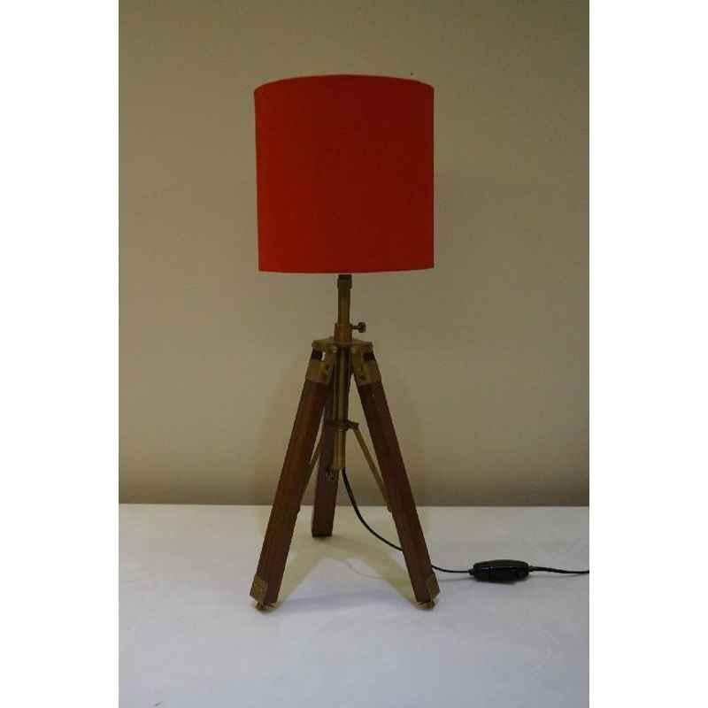 Tucasa Mango Wood Brown Tripod Table Lamp with Polycotton Red Shade, P-61
