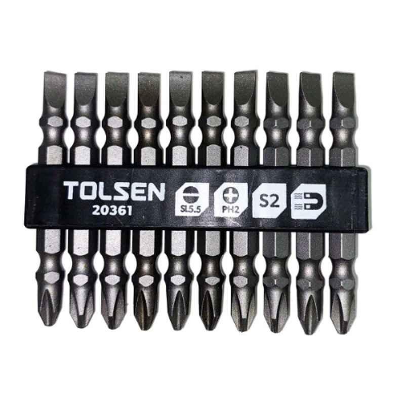 Tolsen 10 Pcs PH2/SL5.5x65mm S2 Steel Double End Screwdriver Bits Set, 20361