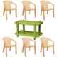 Italica 6 Pcs Polypropylene Marble Beige Oxy Arm Chair & Green Table with Wheels Set, 5202-6/9509