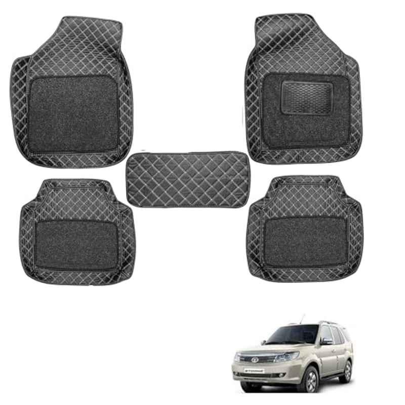 Kozdiko 5 Pcs Waterproof & Luxury 7D Black Leatherette Car Floor Mat Set for Tata Safari Storme