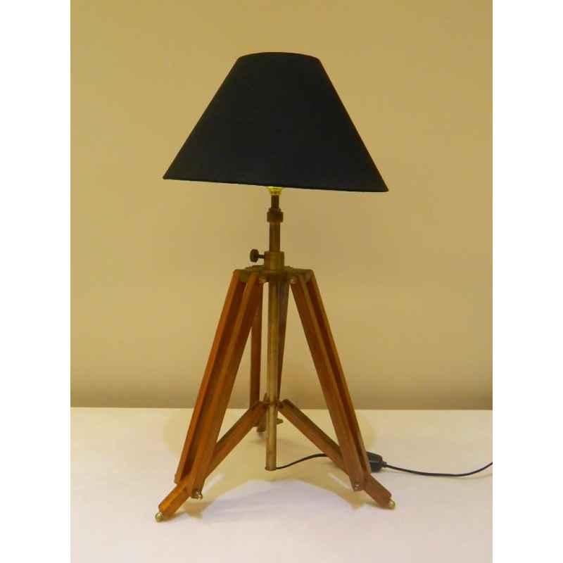 Tucasa Mango Wood Brown Tripod Table Lamp with Polycotton Black Shade, P-7