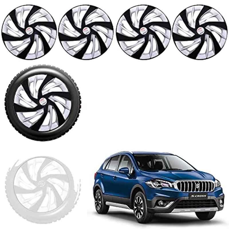 Auto Pearl 4 Pcs 15 inch Black & Silver ABS Press Type Hubcap Wheel Cover Set with Retention Ring for Maruti Suzuki S Cross