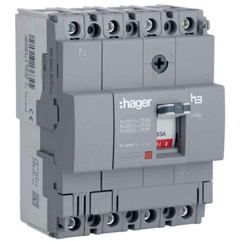 Hager 63A 4 Pole h3 Thermal Magnetic Release MCCB, HDA064Z, Breaking Capacity: 18 kA