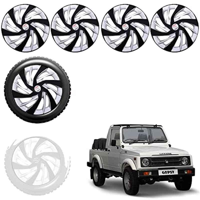 Auto Pearl 4 Pcs 15 inch Black & Silver ABS Press Type Hubcap Wheel Cover Set with Retention Ring for Maruti Suzuki Gypsy King