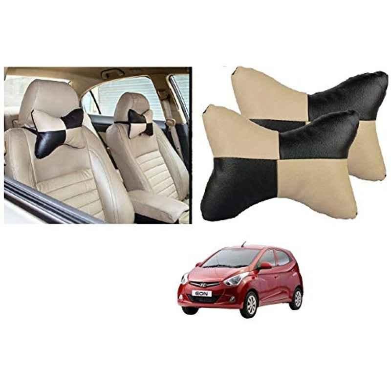Kozdiko 2 Pcs Black & Beige Car Square Chess Design Neck Rest Seat Pillow Set for Hyundai Eon