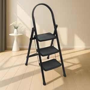 Plantex Hercules Pro 3-Step Foldable Ladder for Home with 150kg Load Capacity/Heavy-Duty GI Steel Ladder/Anti-Slip Wide Step/Strong, Stable & Multi-Purpose Black