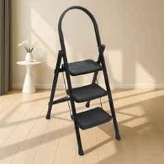 Plantex Hercules Pro 3-Step Foldable Ladder for Home with 150kg Load Capacity/Heavy-Duty GI Steel Ladder/Anti-Slip Wide Step/Strong, Stable & Multi-Purpose Black