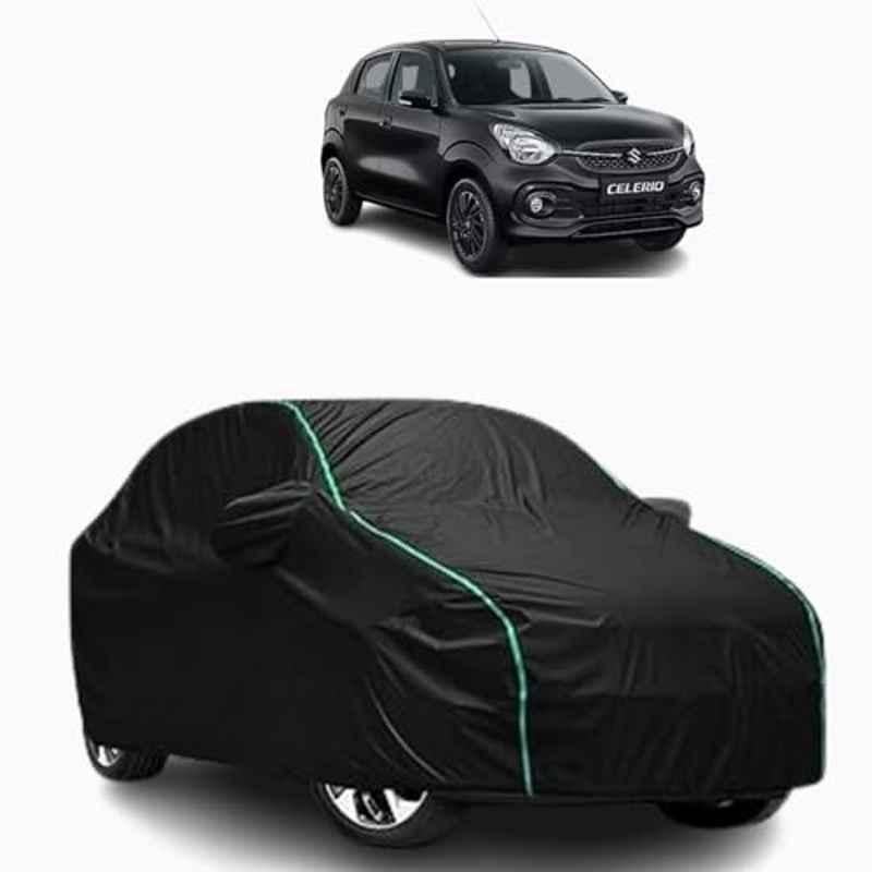 Aarex Auto Polyester Black 100% Waterproof Car Body Cover with Mirror Pocket, Buckle Straps, All Weather, UV & Heat Resistant for Maruti Suzuki Celerio, SW-6-Black