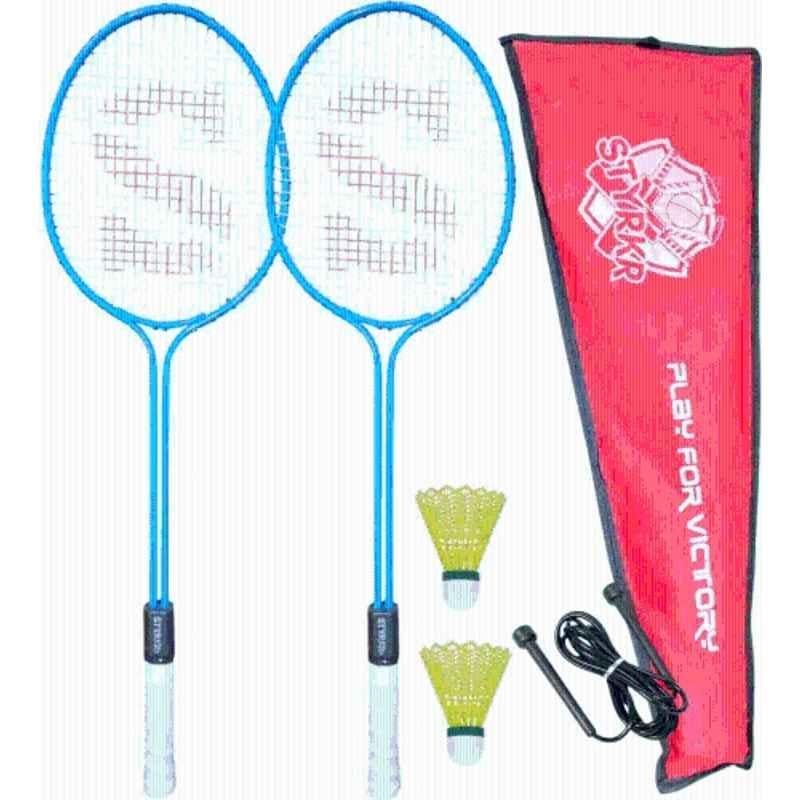 STYRKR Alloy Steel Blue Badminton Racquet Set of 2 Steel Frame with Shuttlecocks 2 &Skipping Rope Badminton Kit