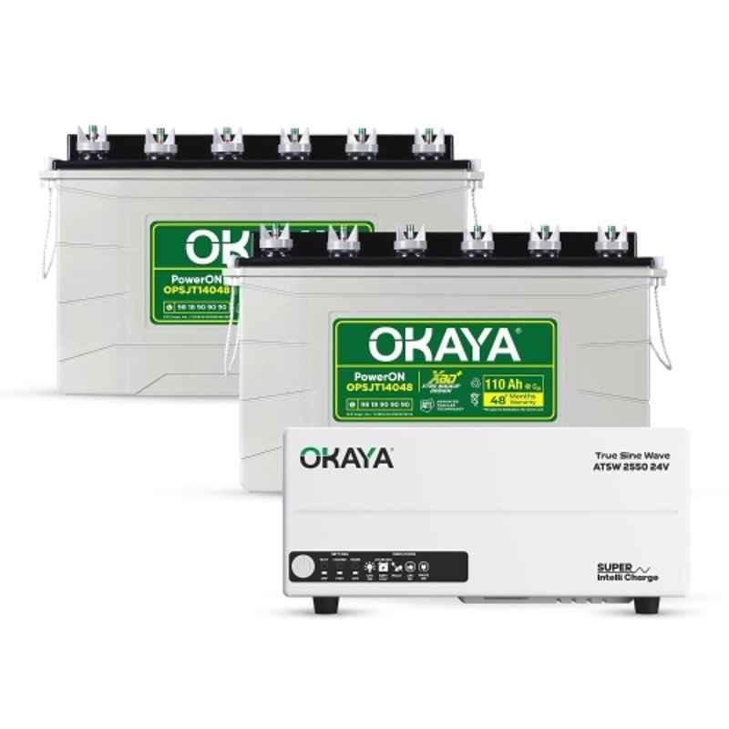 Okaya ATSW 2550 24V 2000VA Pure Sinewave Inverter with PowerON OPSJT14048 110Ah Two Battery Combo for Home, Office & Shops