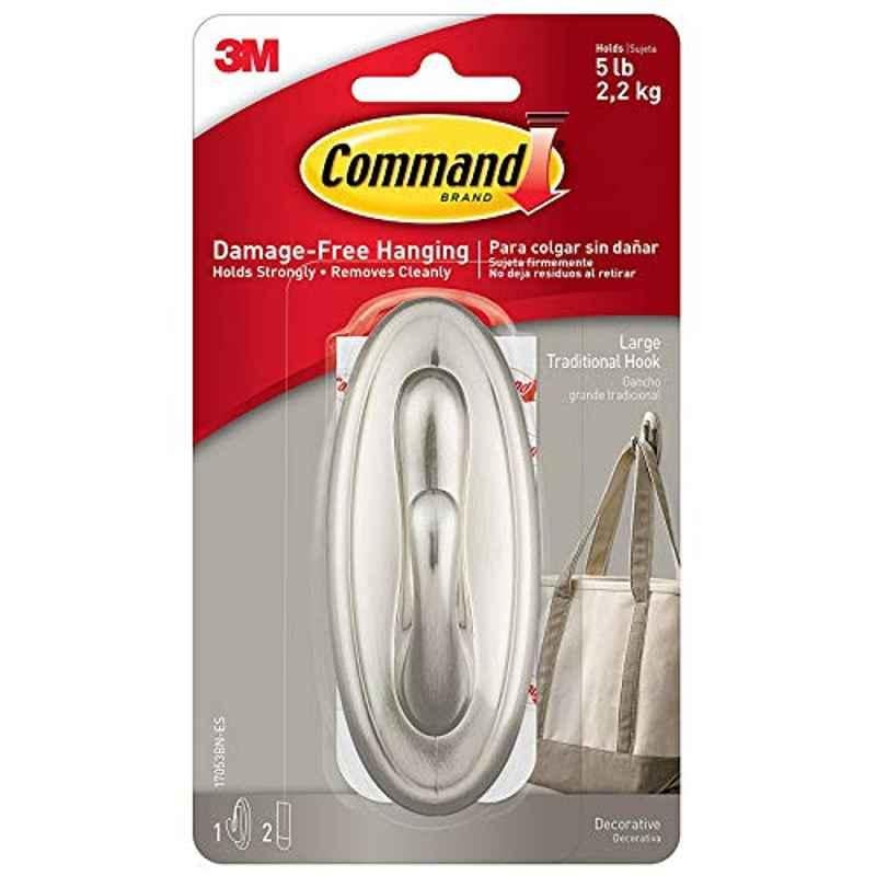 Command 17053BN-ES Plastic Brushed Nickel Traditional Hook, Size: Large