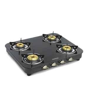 Padmini 4 Burner Stainless Steel Black Manual Ignition Glass Top Gas Stove, 4BR CS-4 GT DX HF