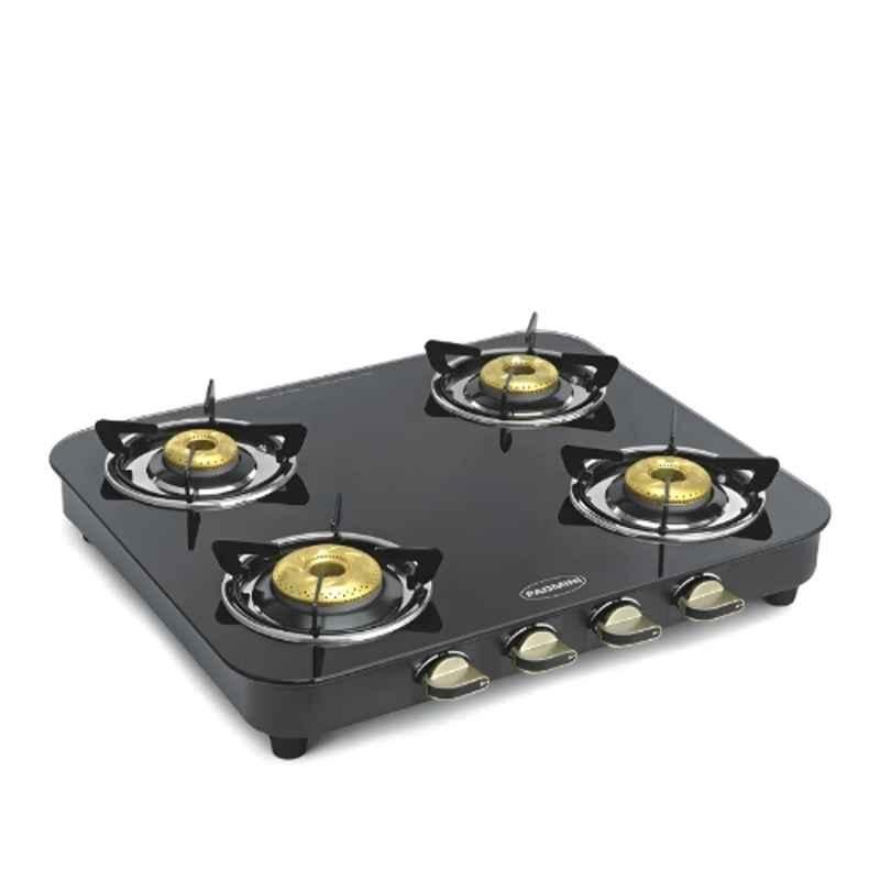 Padmini 4 Burner Stainless Steel Black Manual Ignition Glass Top Gas Stove, 4BR CS-4 GT DX HF