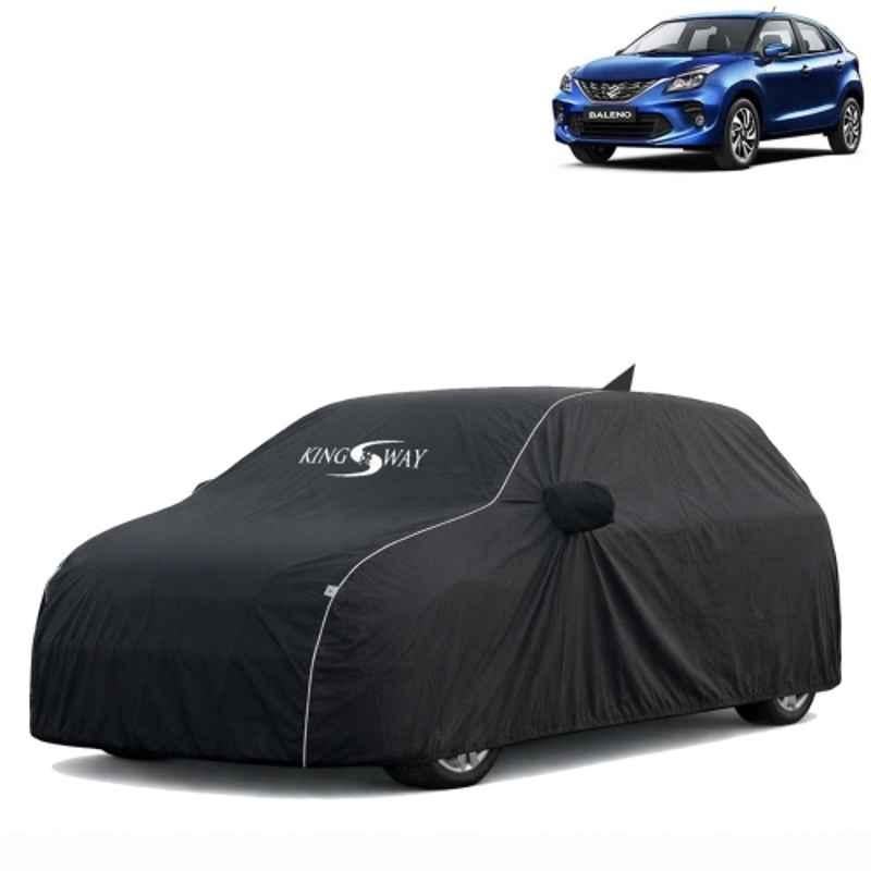 Kingsway Super Waterproof All Weather Protection Polypropylene Black Car Cover for Maruti Suzuki Baleno 2019 to 2022 with Silver Piping, Mirror & Antenna Pockets