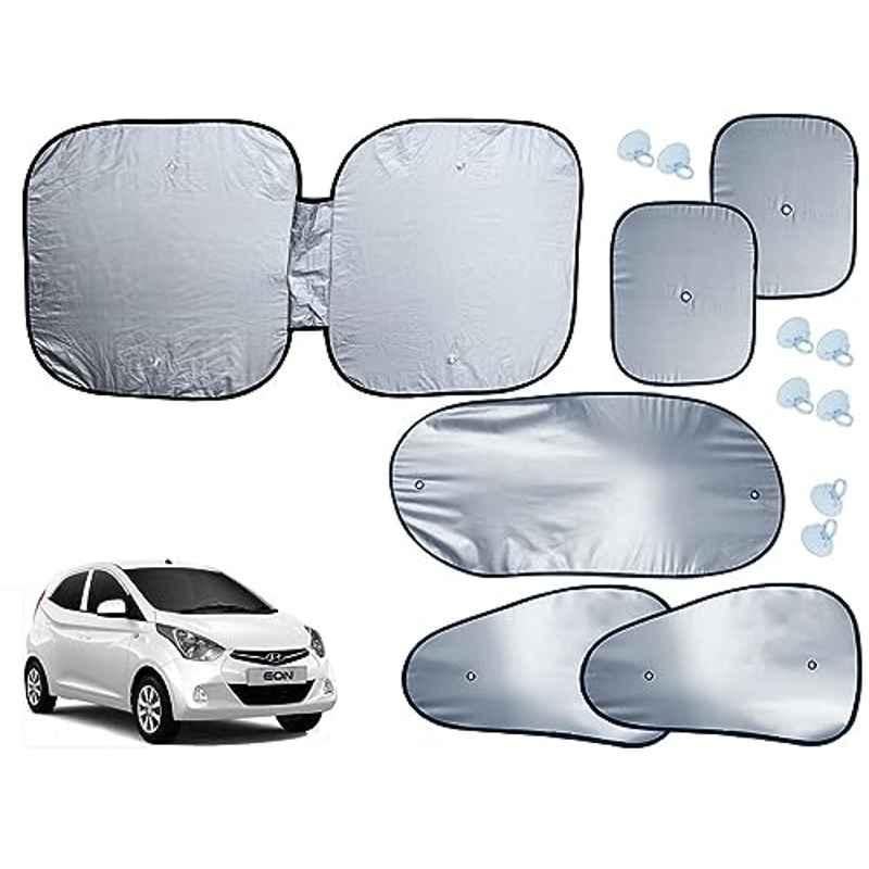 Auto Pearl 6 Pcs Polyester Black & Silver Window, Front & Rear Sun Shade Set for Hyundai Eon ERA