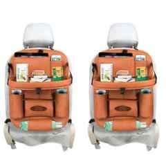 AllExtreme EXFTCOT2 2 Pcs Tan PU Leather Car Seat Back Multipocket Foldable Dining Table Tray Set