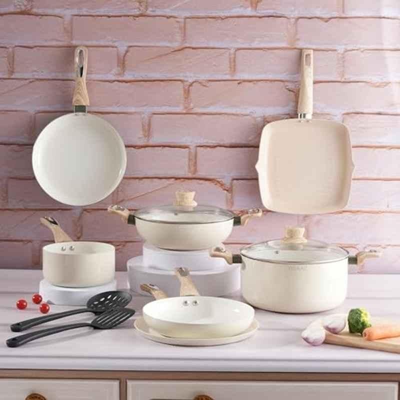 Cookaid Velora 11 Pcs Aluminium Cream Cook & Serve Non Stick Ceramic Coated Cookware Set, CKD-CC-CW11-40