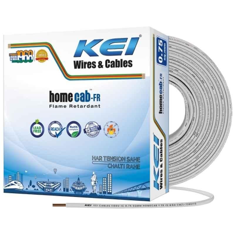 KEI Homecab 0.75 Sqmm 1 Core 99.97% Pure Copper Conductor FR PVC Insulated Cable for Domestic & Commercial Electrical Wiring (White, 90 Meters)