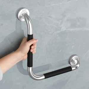 Plantex Stainless Steel L-Shape Chrome & Black Bathroom Handle for Senior Citizen/Grab Bar for Toilet/Safety Handle (Pack of 2)