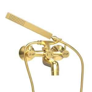 ZAP Elixir Gold Brass Polished Finish 2 in 1 Wall Mixer with Crutch, Gold Hand Shower & 1.5m Stainless Steel Hose Pipe