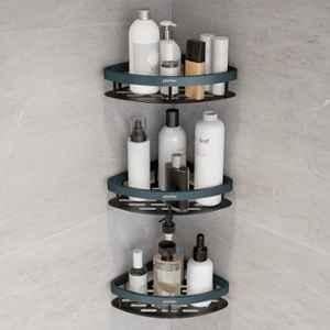 Plantex Self Adhesive Corner Shelf for Bathroom Wall/Aluminium & Stainless Steel Corner Shelf/8x8 inch Storage Organizer/Bathroom Accessories Set- (Pack of 3) Cadet Blue & Black