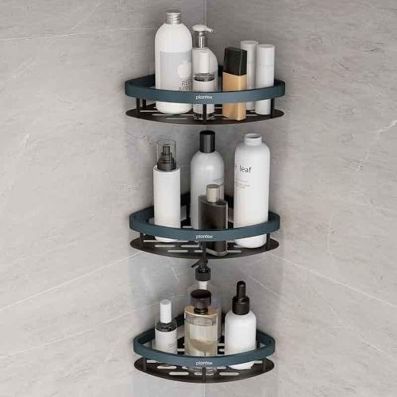 Plantex Self Adhesive Corner Shelf for Bathroom Wall/Aluminium & Stainless Steel Corner Shelf/8x8 inch Storage Organizer/Bathroom Accessories Set- (Pack of 3) Cadet Blue & Black