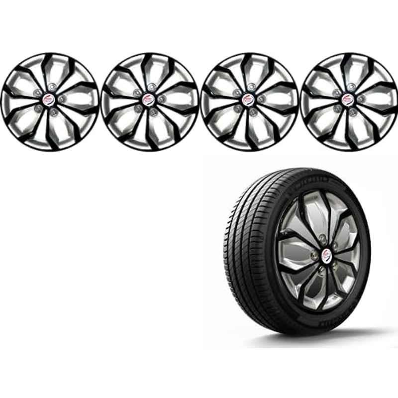 Auto Pearl 4 Pcs 14 inch Polypropylene Black & Silver Press Type Car Wheel Cover Set with Retention Ring for All Cars, 14WC_Pearl_Rev_AllCars