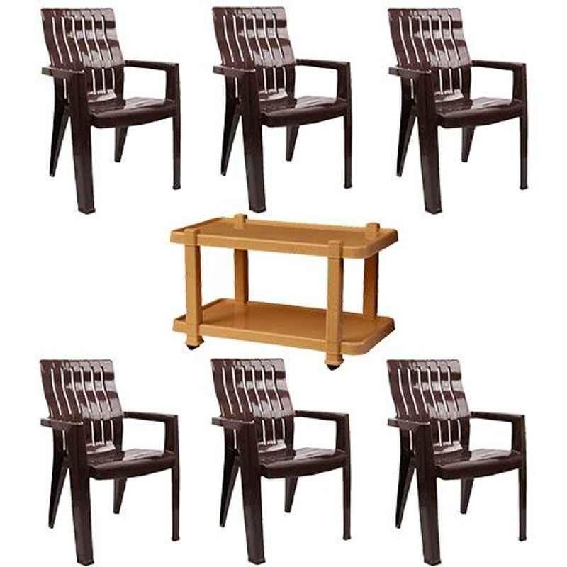 Italica 6 Pcs Polypropylene Weather Brown Spine Care Chair & Marble Beige Table with Wheels Set, 2277-6/9509