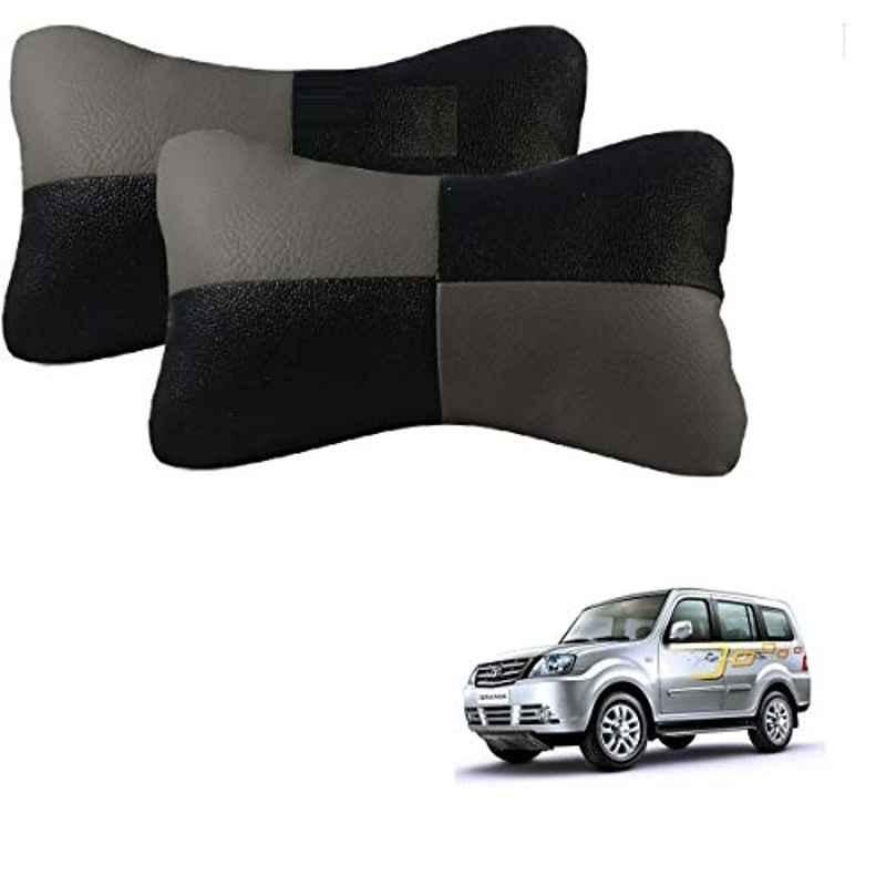 Kozdiko 2 Pcs Leather Grey & Black Neck Rest Car Cushion Pillow Set for Tata Sumo Grand