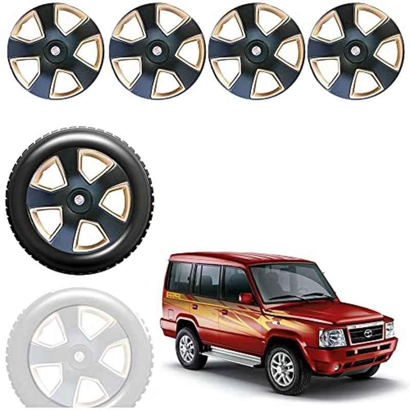 Auto Pearl 4 Pcs 15 inch Black & Golden ABS Press Type Hubcap Wheel Cover Set with Retention Ring for Tata Sumo