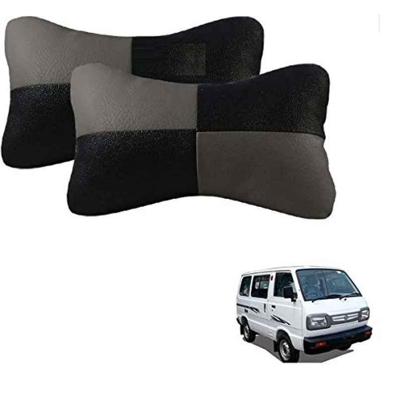 Kozdiko 2 Pcs Leather Grey & Black Neck Rest Car Cushion Pillow Set for Maruti Suzuki Omni