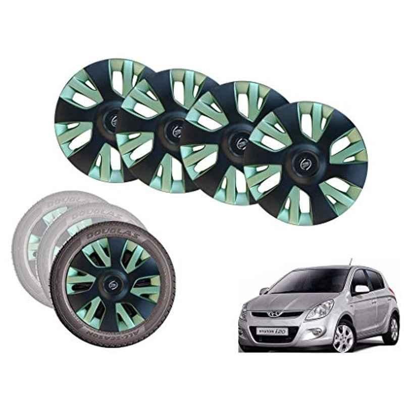 Auto Pearl 14 inch ABS Black & Green Car Hubcap Wheel Cover with Retention Ring Set for i20 Type 1