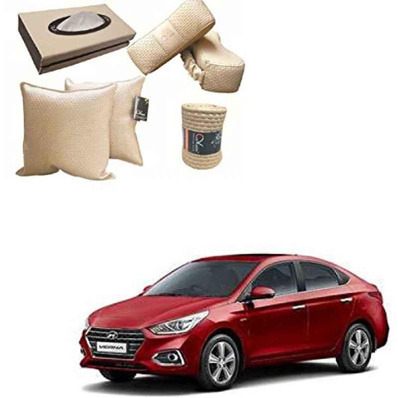 Kozdiko 2 Pcs Cushion Pillow, 2 Pcs Neck Rest, Tissue Box & Steering Beige Car Cover Combo for Hyundai Verna Nextgen 2017