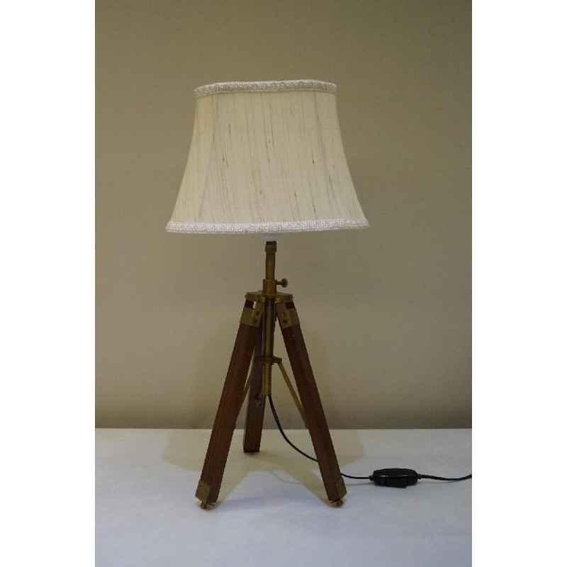 Tucasa Mango Wood Brown Tripod Table Lamp with Polycotton Off White Shade, P-70