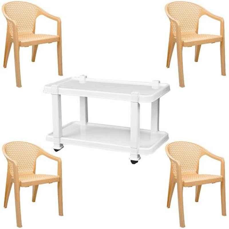 Italica 4 Pcs Polypropylene Marble Beige Oxy Arm Chair & White Table with Wheels Set, 5202-4/9509